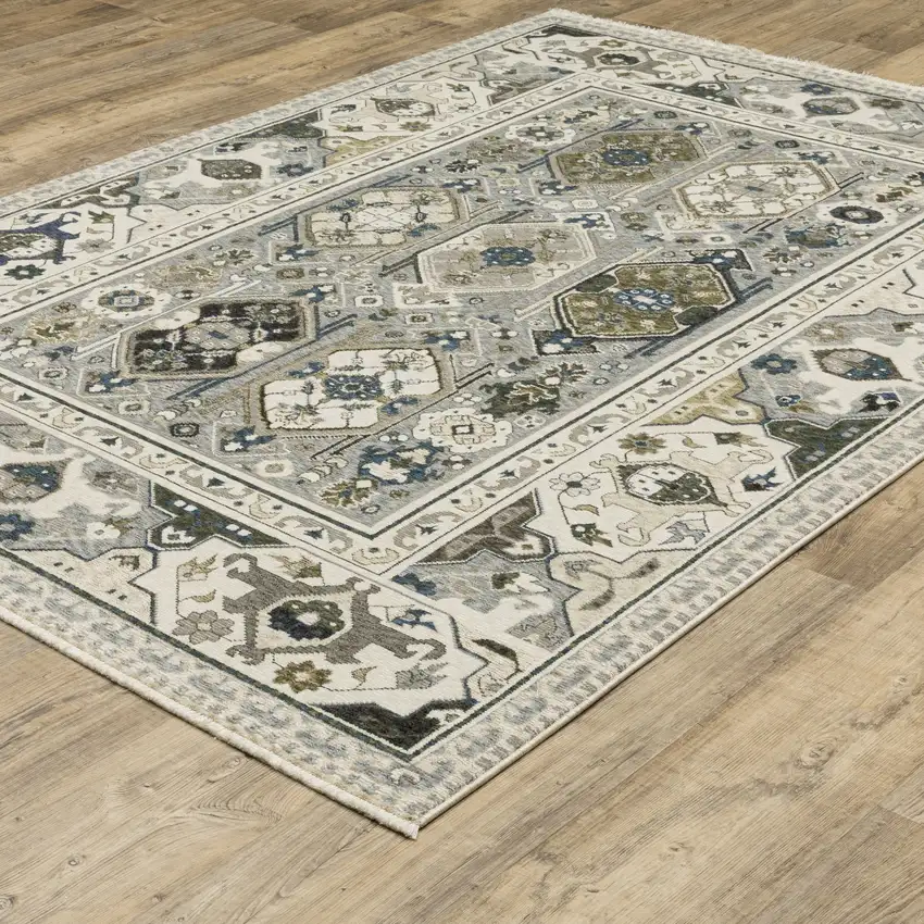 Ivory And Blue Oriental Area Rug With Fringe Photo 4