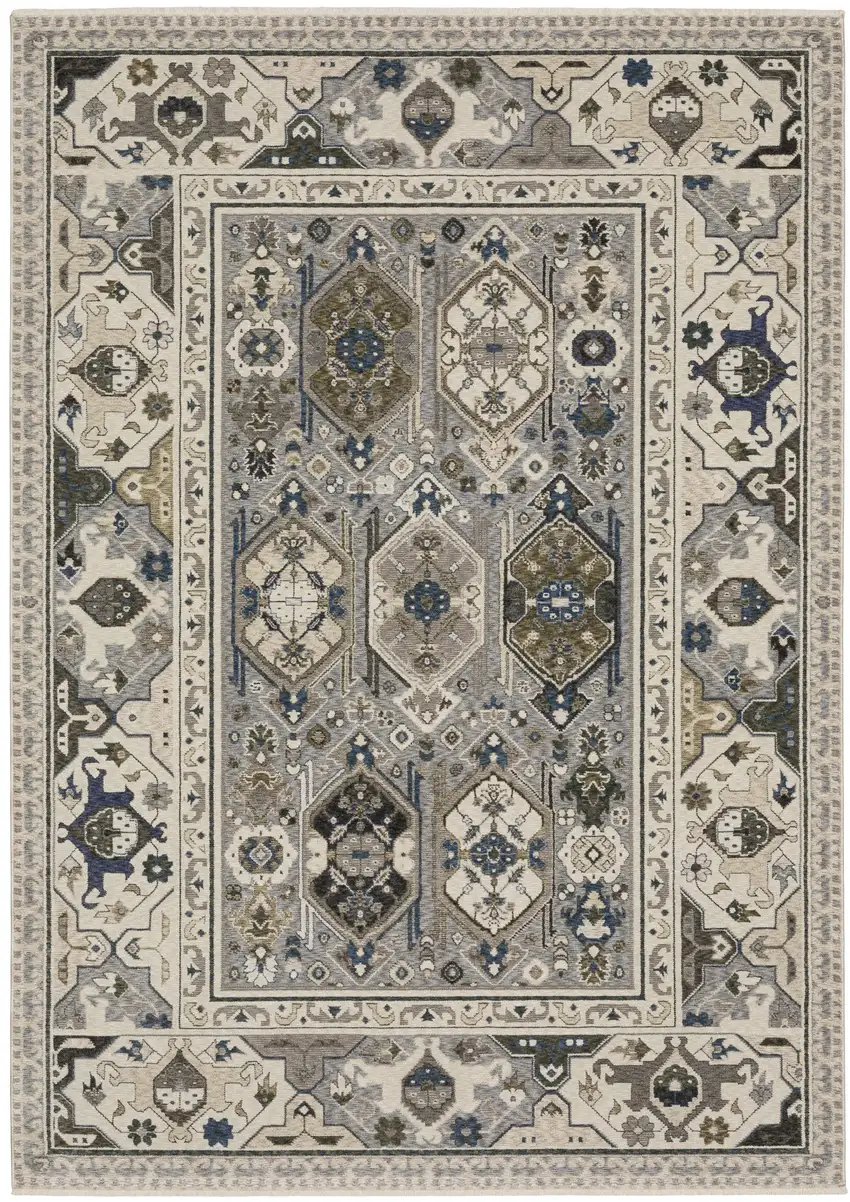 Ivory And Blue Oriental Area Rug With Fringe Photo 2