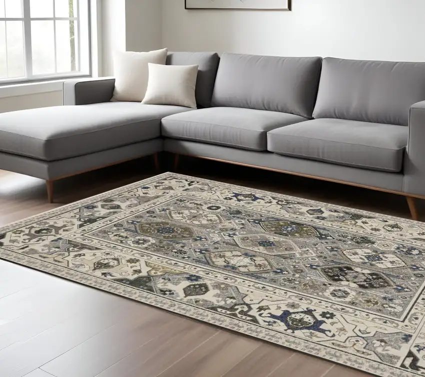 Ivory And Blue Oriental Area Rug With Fringe Photo 1