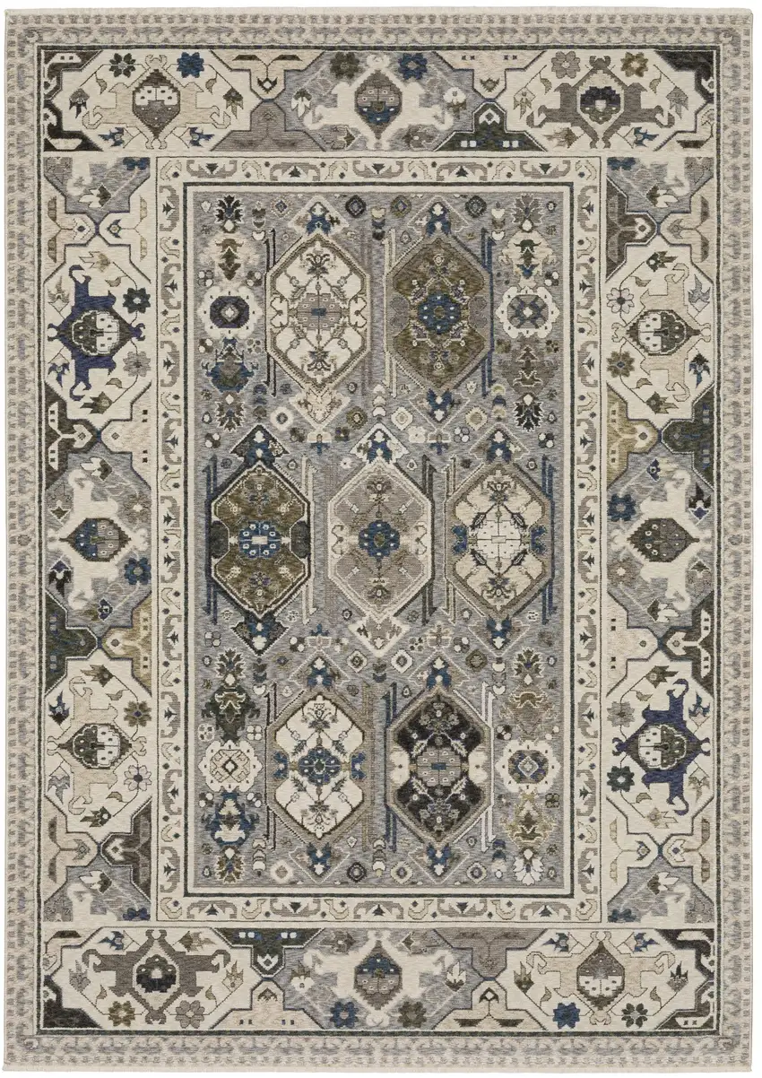 Ivory And Blue Oriental Area Rug With Fringe Photo 8