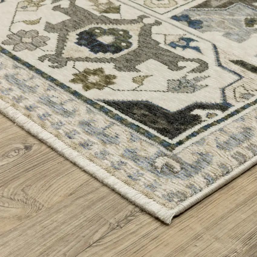 Ivory And Blue Oriental Area Rug With Fringe Photo 9