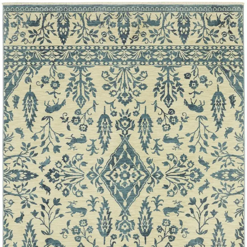 Ivory And Blue Oriental Area Rug With Fringe Photo 6