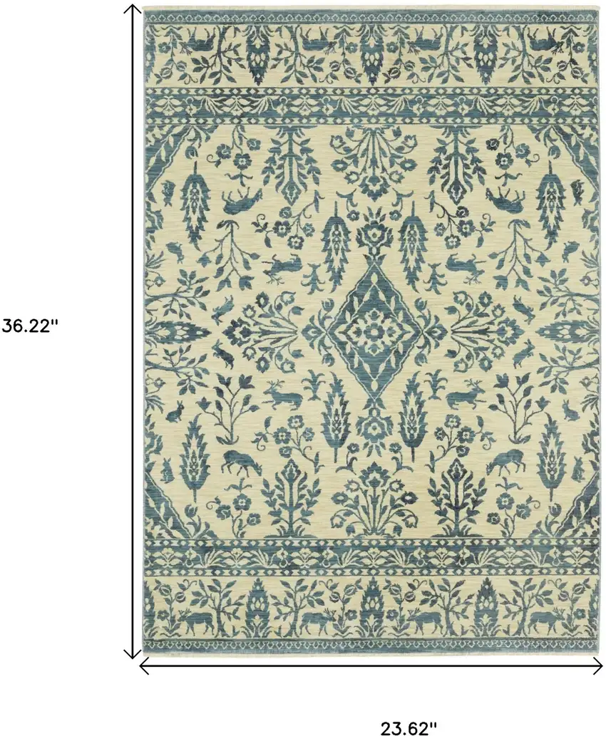 Ivory And Blue Oriental Area Rug With Fringe Photo 3