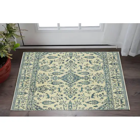 Ivory And Blue Oriental Area Rug With Fringe Photo 1