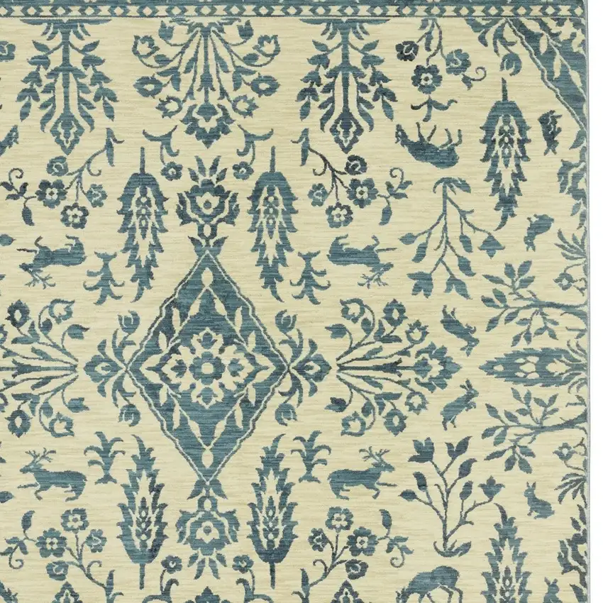 Ivory And Blue Oriental Area Rug With Fringe Photo 8