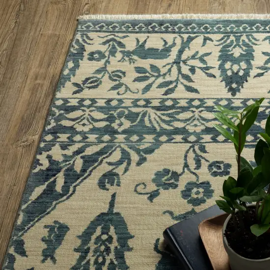 Ivory And Blue Oriental Area Rug With Fringe Photo 7