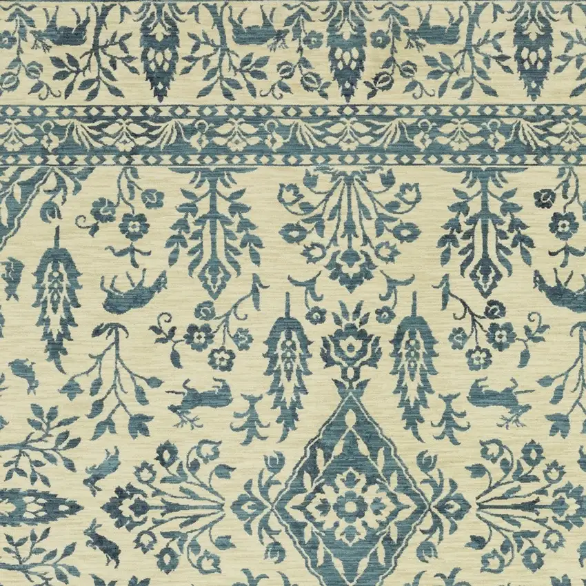 Ivory And Blue Oriental Area Rug With Fringe Photo 8
