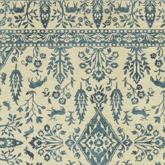 Ivory And Blue Oriental Area Rug With Fringe Photo 8