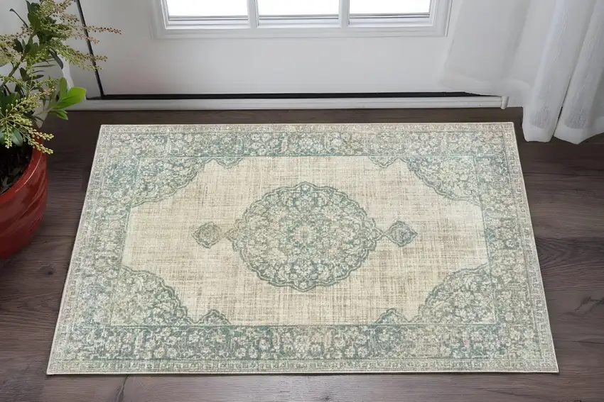 Ivory And Blue Oriental Area Rug Photo 1
