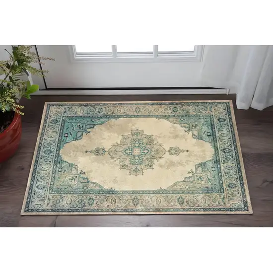 Ivory And Blue Oriental Area Rug Photo 2
