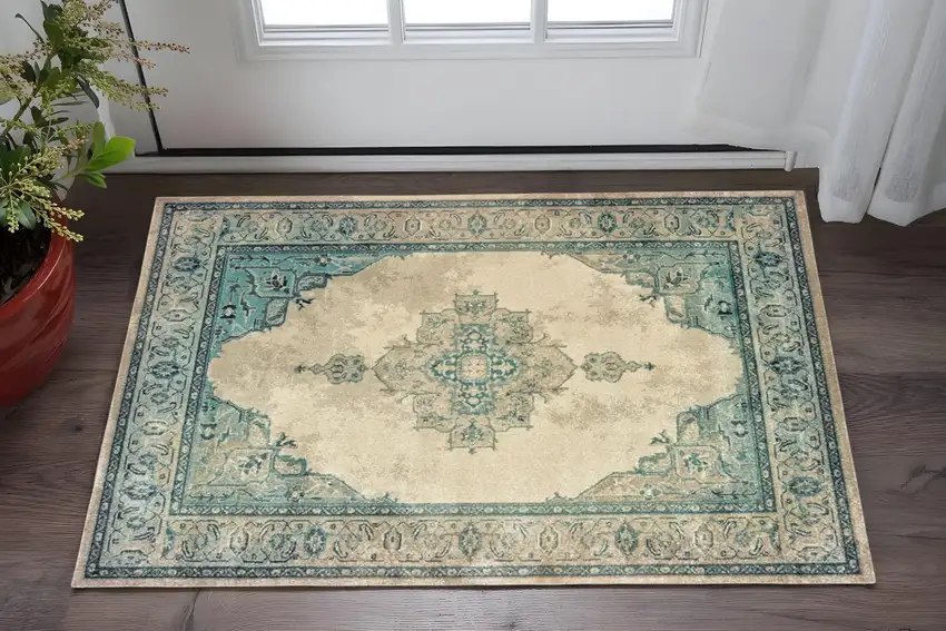 Ivory And Blue Oriental Area Rug Photo 2