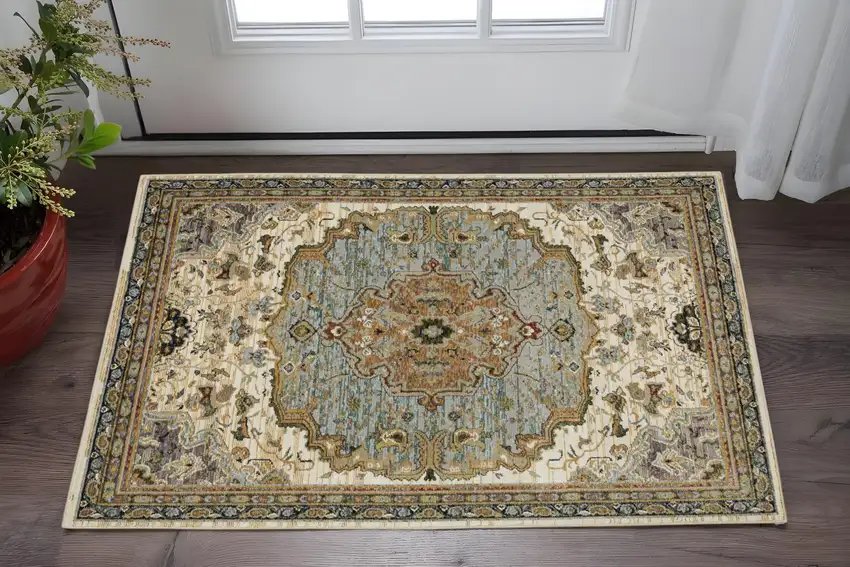 Ivory And Blue Oriental Area Rug Photo 1