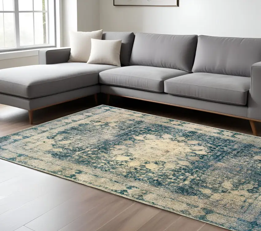 Ivory And Blue Oriental Area Rug Photo 1
