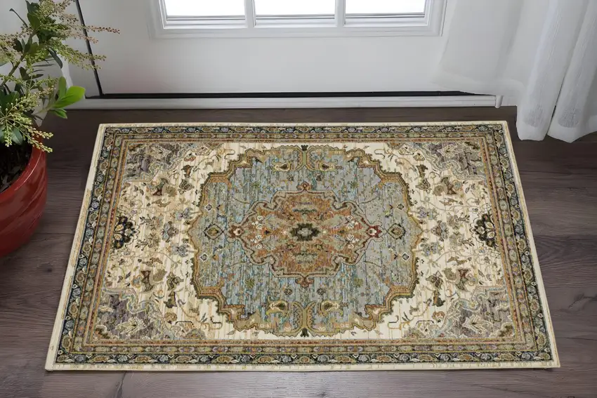 Ivory And Blue Oriental Area Rug Photo 1