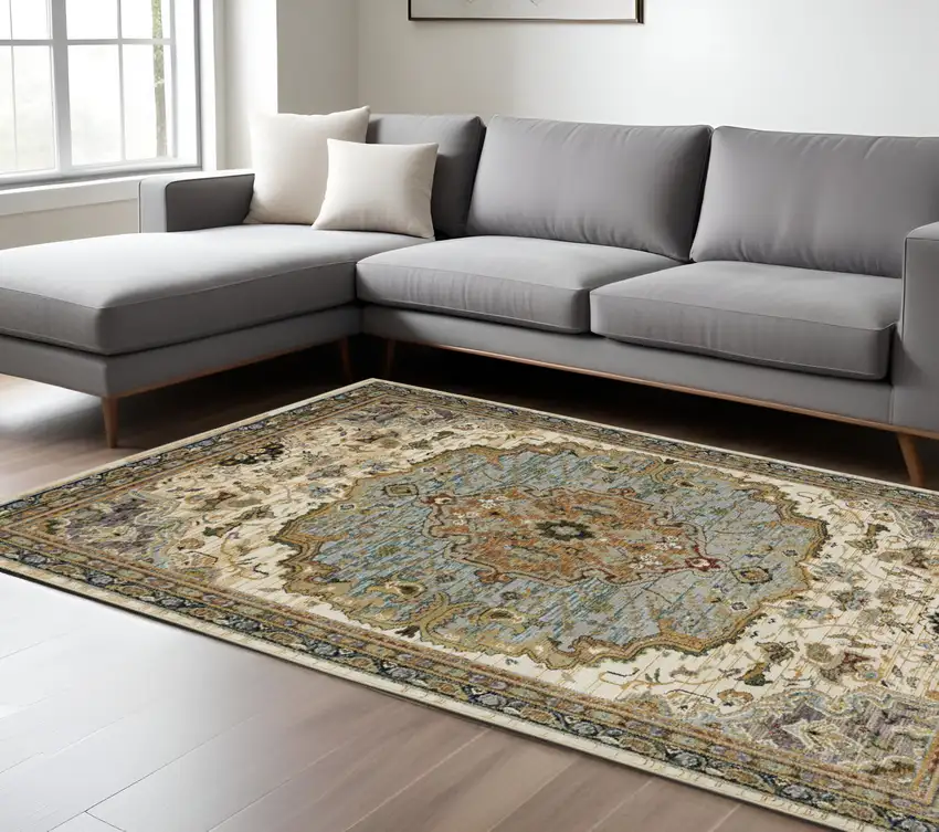 Ivory And Blue Oriental Area Rug Photo 1