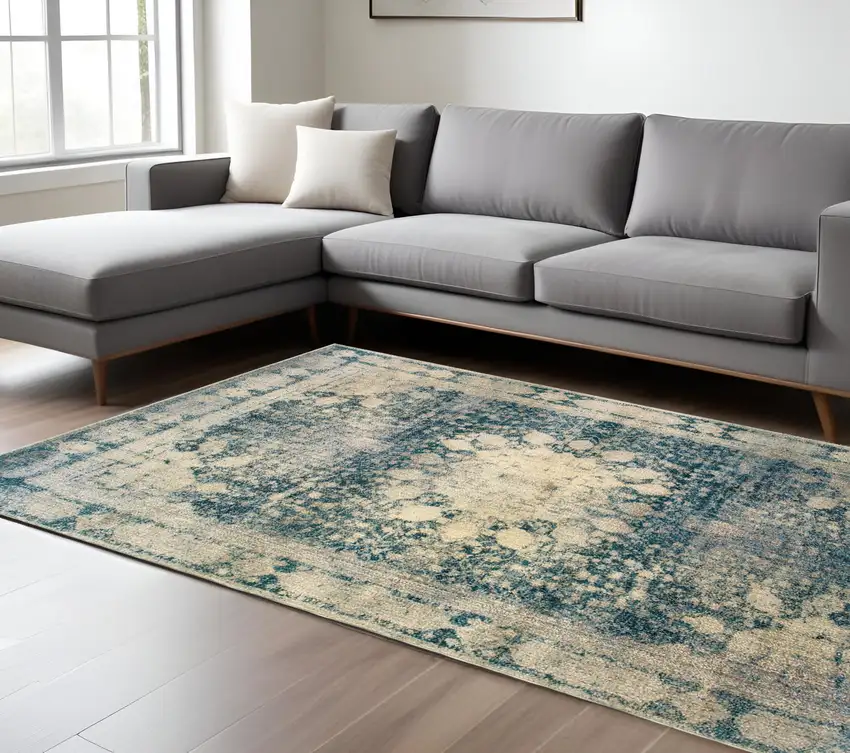 Ivory And Blue Oriental Area Rug Photo 1