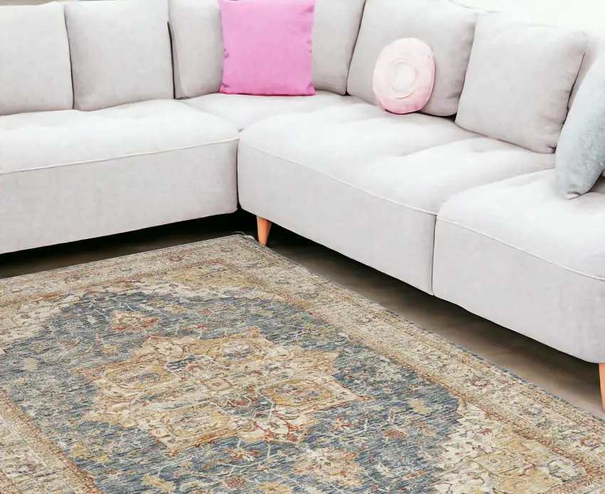 Ivory And Blue Oriental Distressed Area Rug Photo 1