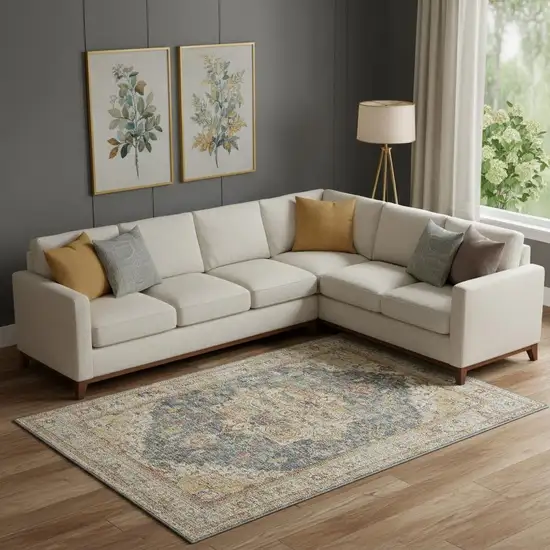 Ivory And Blue Oriental Distressed Area Rug Photo 1