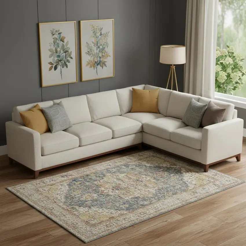 Ivory And Blue Oriental Distressed Area Rug Photo 1