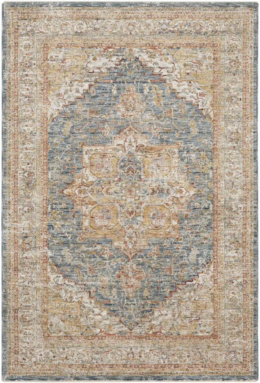 Ivory And Blue Oriental Distressed Area Rug Photo 6