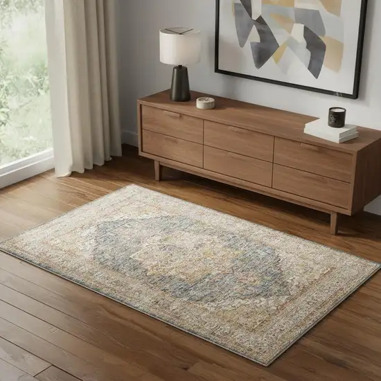 Ivory And Blue Oriental Distressed Area Rug Photo 1