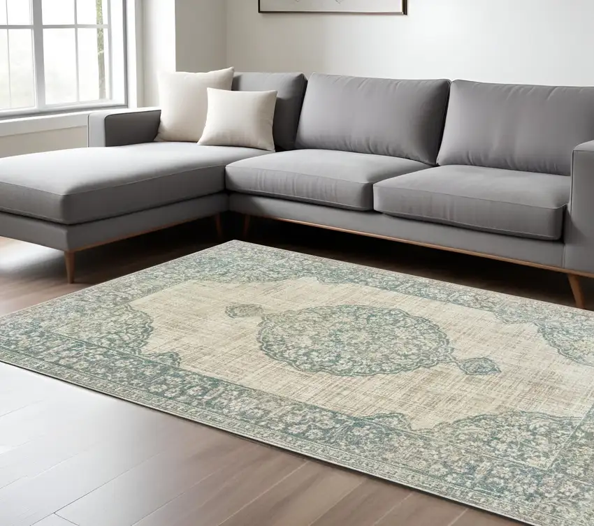 Ivory And Blue Oriental Distressed Area Rug Photo 1