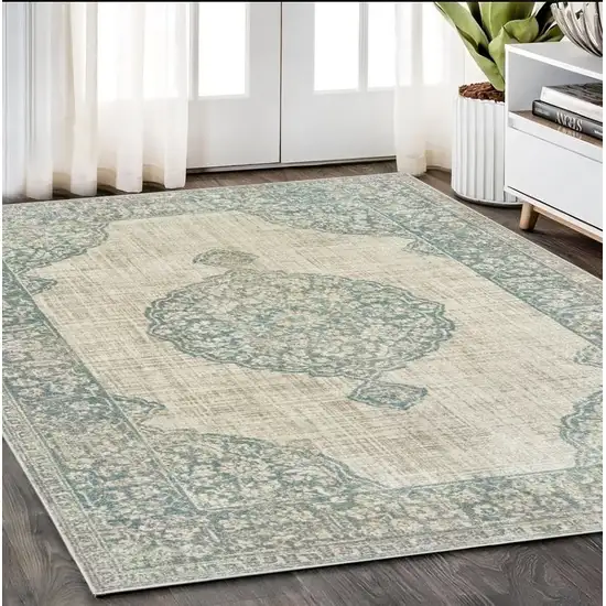 Ivory And Blue Oriental Distressed Area Rug Photo 1