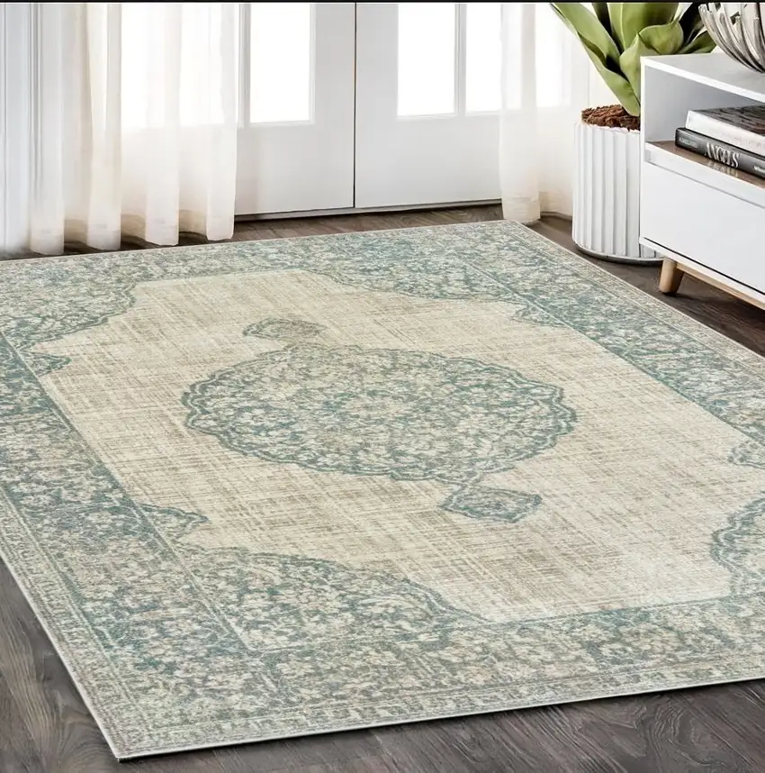 Ivory And Blue Oriental Distressed Area Rug Photo 1
