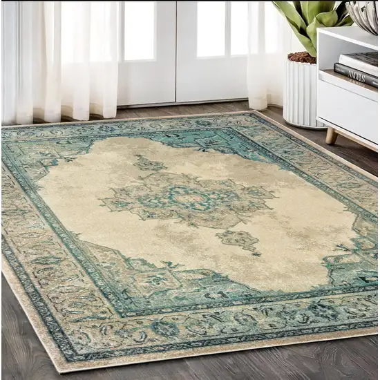 Ivory And Blue Oriental Distressed Area Rug Photo 1