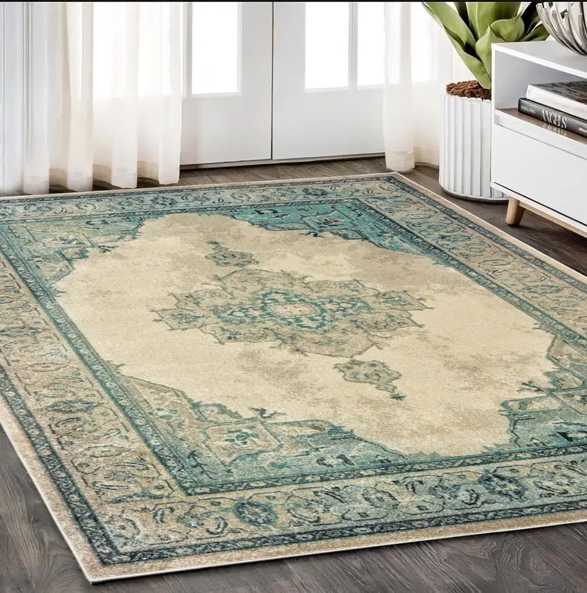 Ivory And Blue Oriental Distressed Area Rug Photo 1