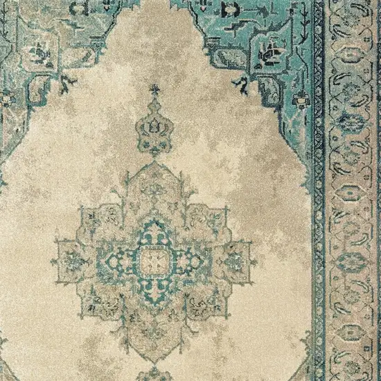 Ivory And Blue Oriental Distressed Area Rug Photo 5