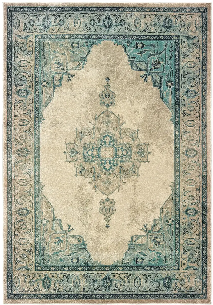 Ivory And Blue Oriental Distressed Area Rug Photo 2
