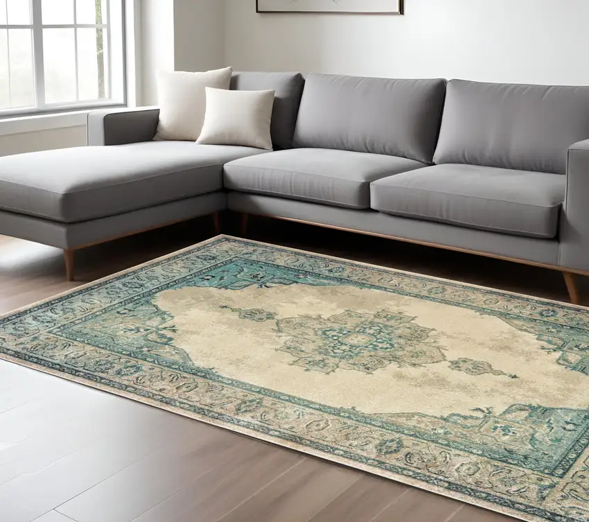 Ivory And Blue Oriental Distressed Area Rug Photo 1