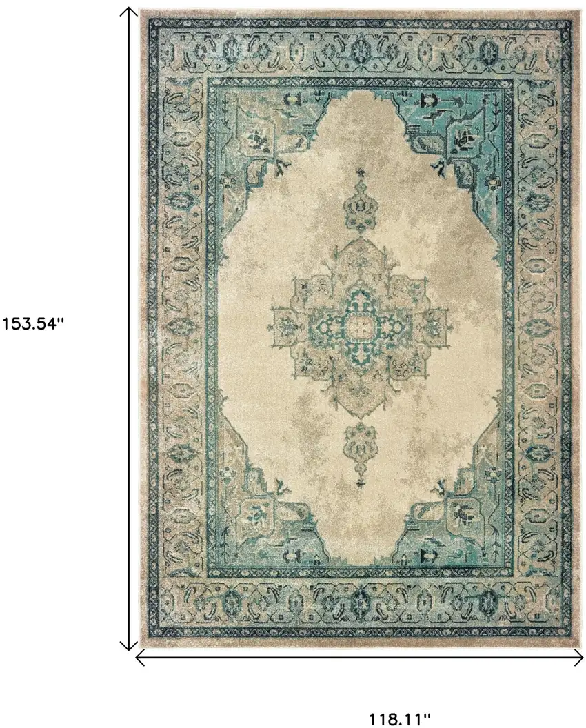 Ivory And Blue Oriental Distressed Area Rug Photo 3