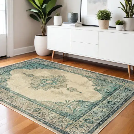 Ivory And Blue Oriental Distressed Area Rug Photo 1