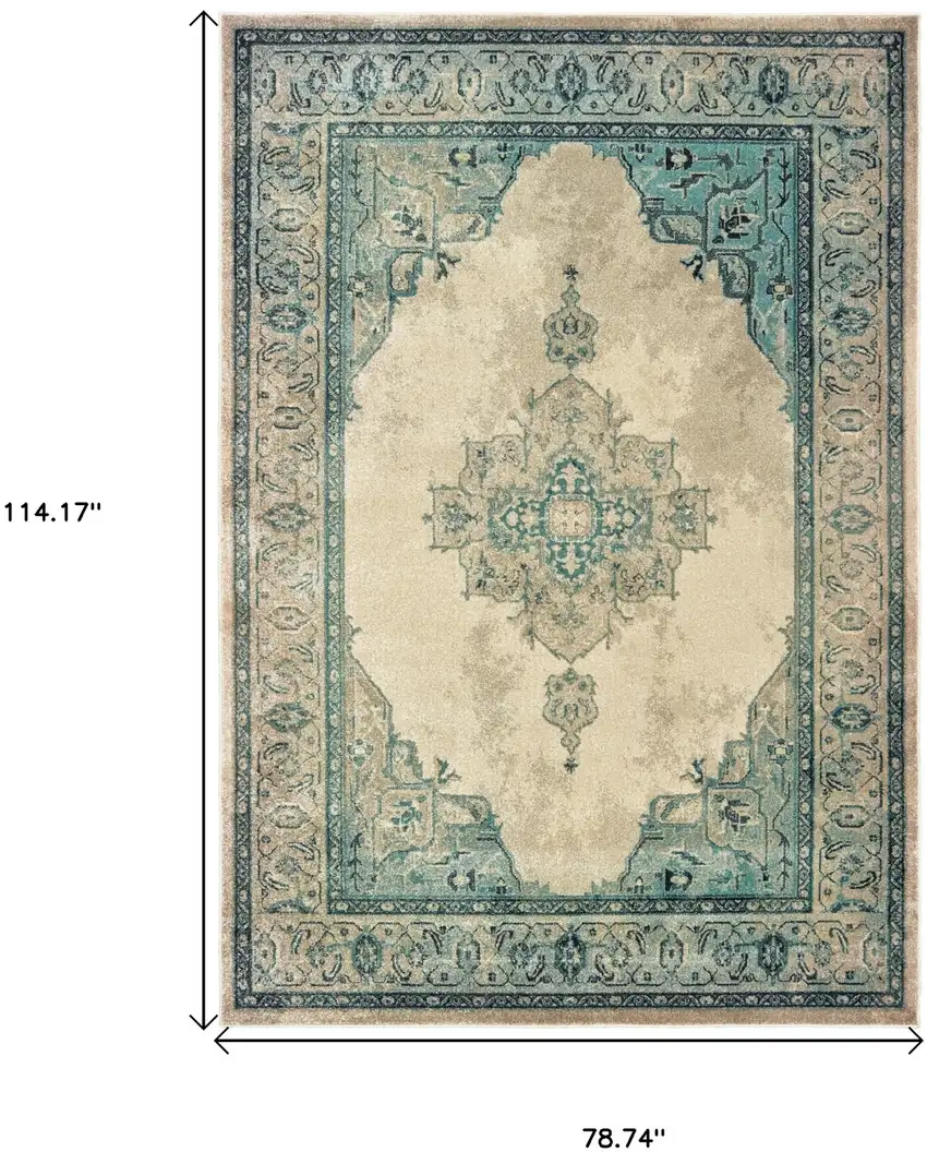 Ivory And Blue Oriental Distressed Area Rug Photo 3