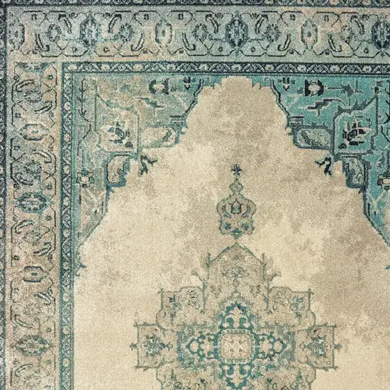 Ivory And Blue Oriental Distressed Area Rug Photo 5