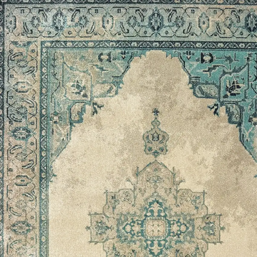 Ivory And Blue Oriental Distressed Area Rug Photo 5