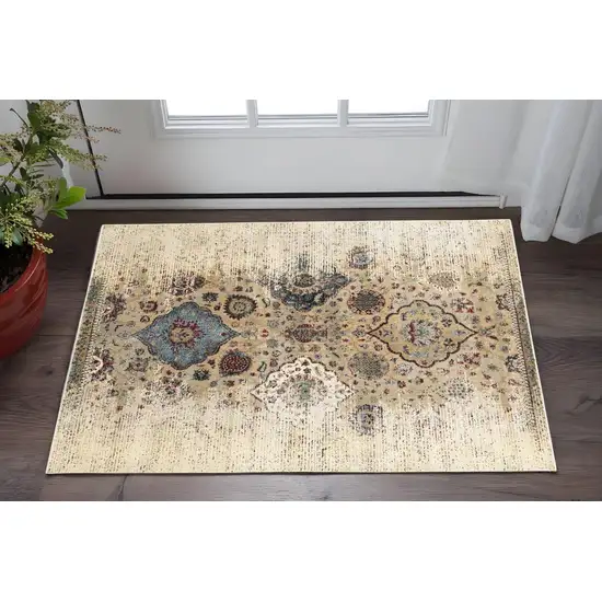Ivory And Blue Oriental Distressed Area Rug Photo 1