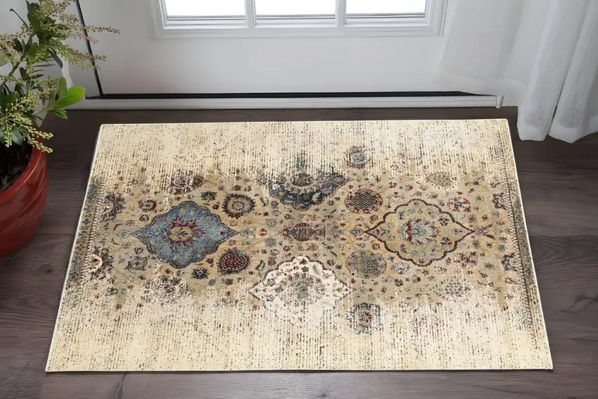 Ivory And Blue Oriental Distressed Area Rug Photo 1