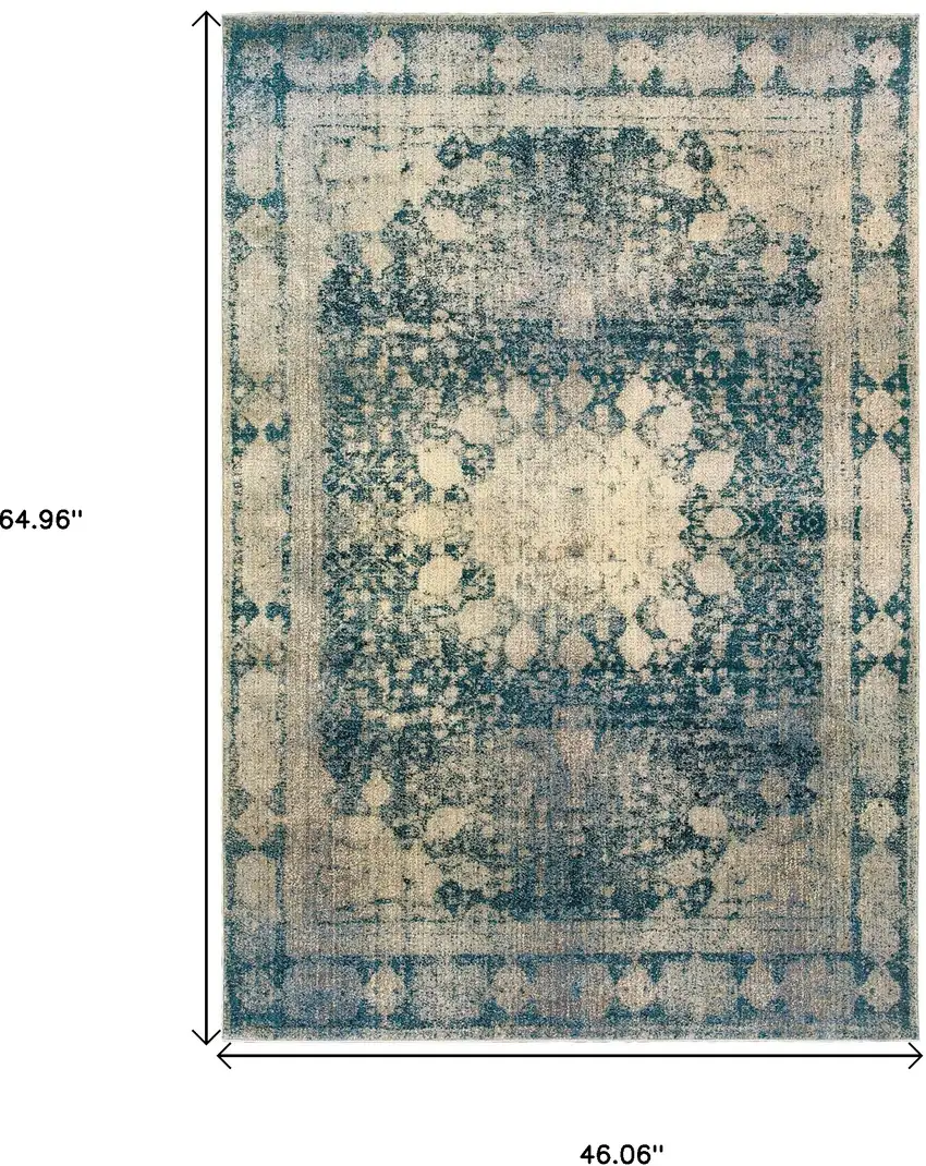 Ivory And Blue Oriental Distressed Area Rug Photo 3