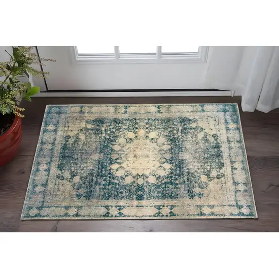 Ivory And Blue Oriental Distressed Area Rug Photo 1