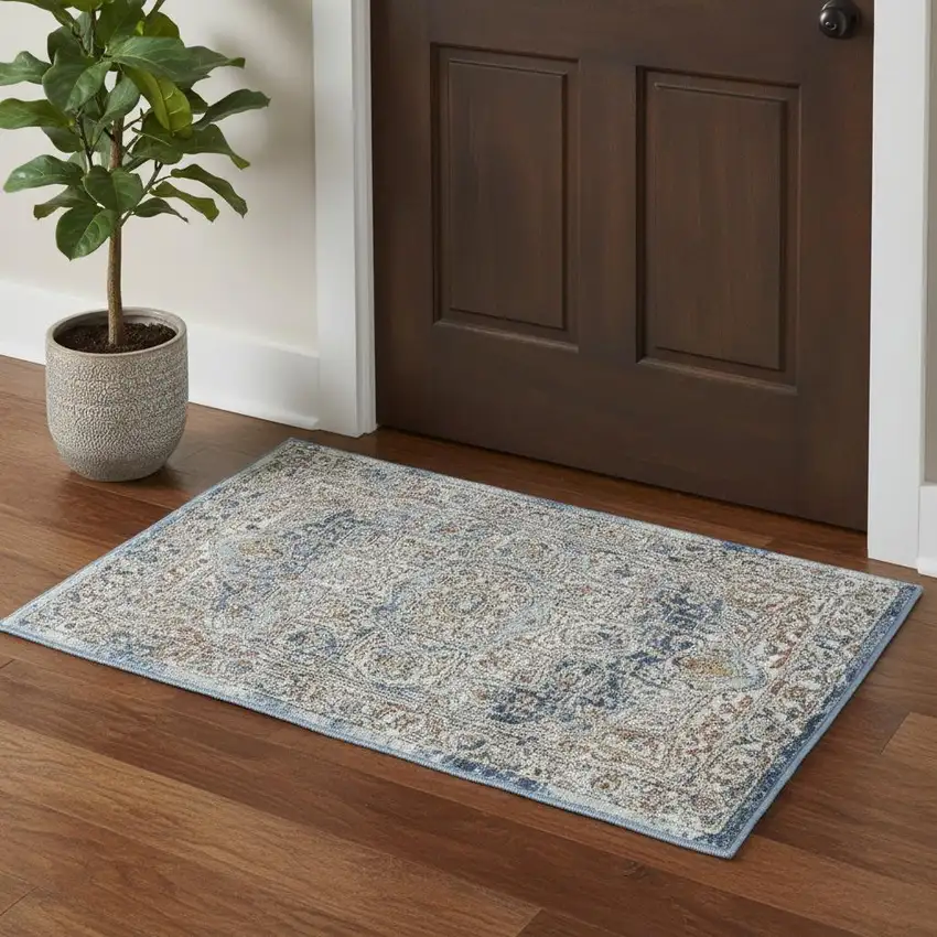Ivory And Blue Oriental Power Loom Non Skid Area Rug Photo 1