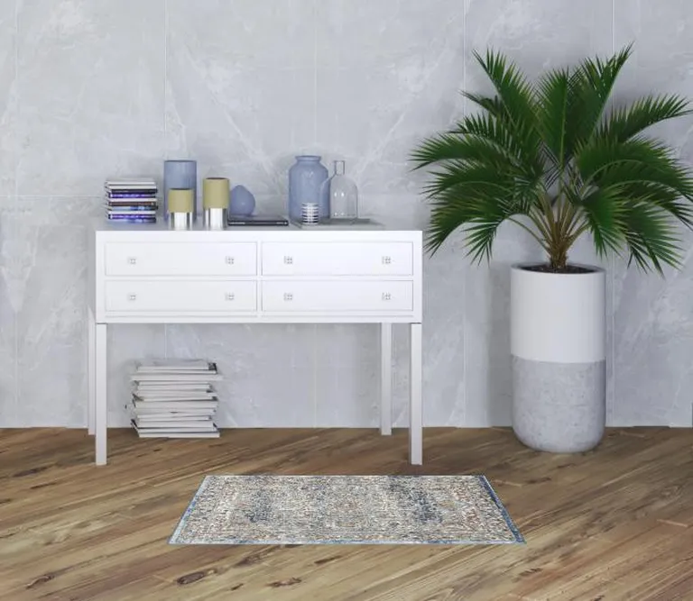 Ivory And Blue Oriental Power Loom Non Skid Area Rug Photo 2