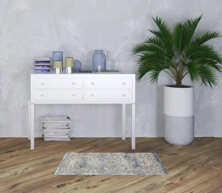 Ivory And Blue Oriental Power Loom Non Skid Area Rug Photo 2