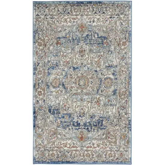 Ivory And Blue Oriental Power Loom Non Skid Area Rug Photo 2