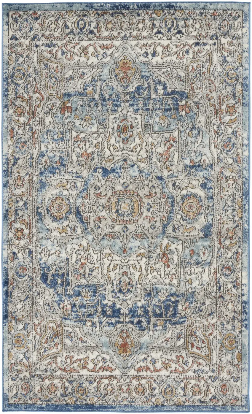 Ivory And Blue Oriental Power Loom Non Skid Area Rug Photo 2