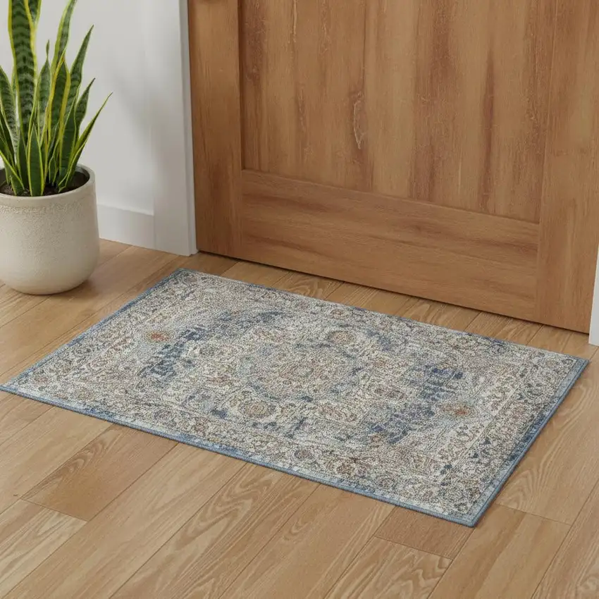 Ivory And Blue Oriental Power Loom Non Skid Area Rug Photo 1