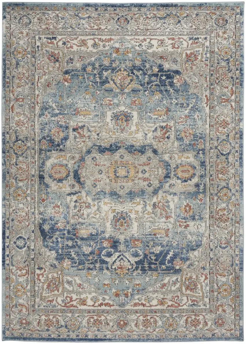 Ivory And Blue Oriental Power Loom Non Skid Area Rug Photo 1
