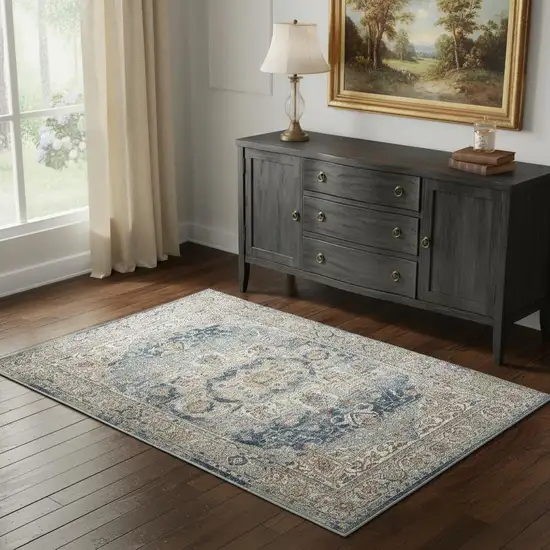 Ivory And Blue Oriental Power Loom Non Skid Area Rug Photo 2